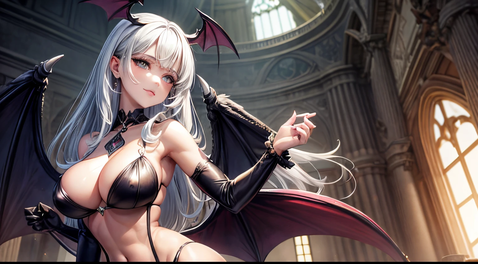1girl, Morrigan Aensland, sozinho, cabelos longos, clivagem, head wings, bareshoulders, cabelos verdes, Manoplas de noiva, Demon girl, olhos verdes, Olhando para o Viewer, Asas, ..bat \(bicho\), sorrir, 鎖骨, parte superior do corpo, Asas de morcego,MILF,Seios enormes,(pele brilhante),(Mature female:1.2)