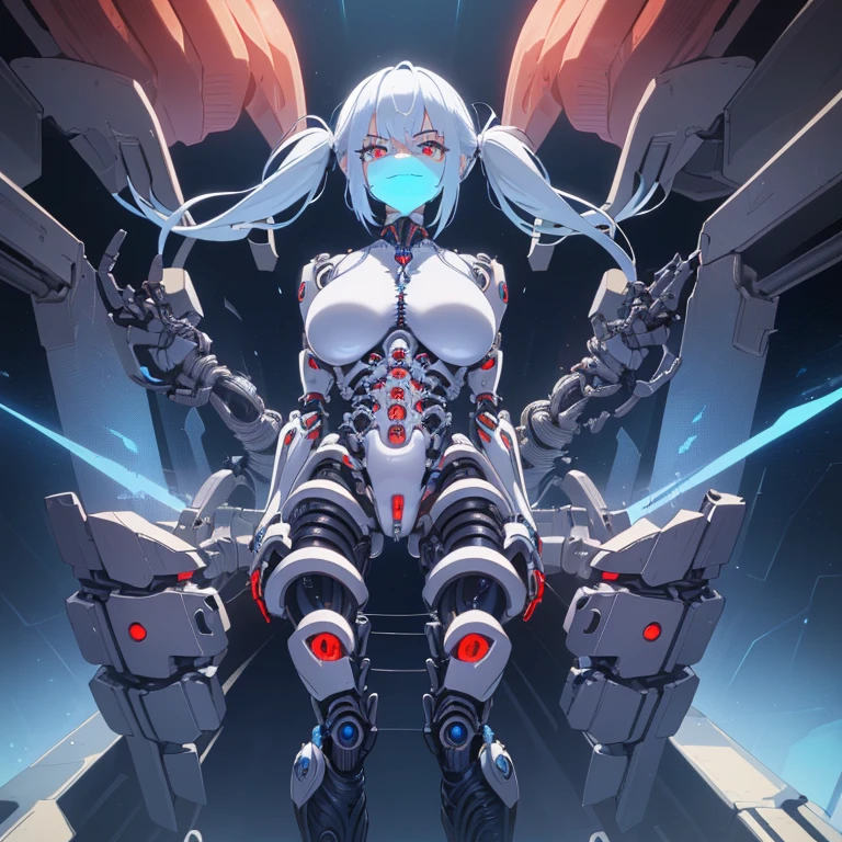 ((1 complete nude cyborg woman, naked breasts, naked pussy)),((with biomechanical arm)),((big breasts, blue biomechanical breasts, blue biomechanical penis, penis between the legs)),((very pubic hair big)),((standing in a futuristic room)),((big tubes in the anus)),((short white hair with two side ponytails, with a very large fringe covering the face)),((a blue eye, a biomechanical red eye, evil smile)),((facing the viewer)),