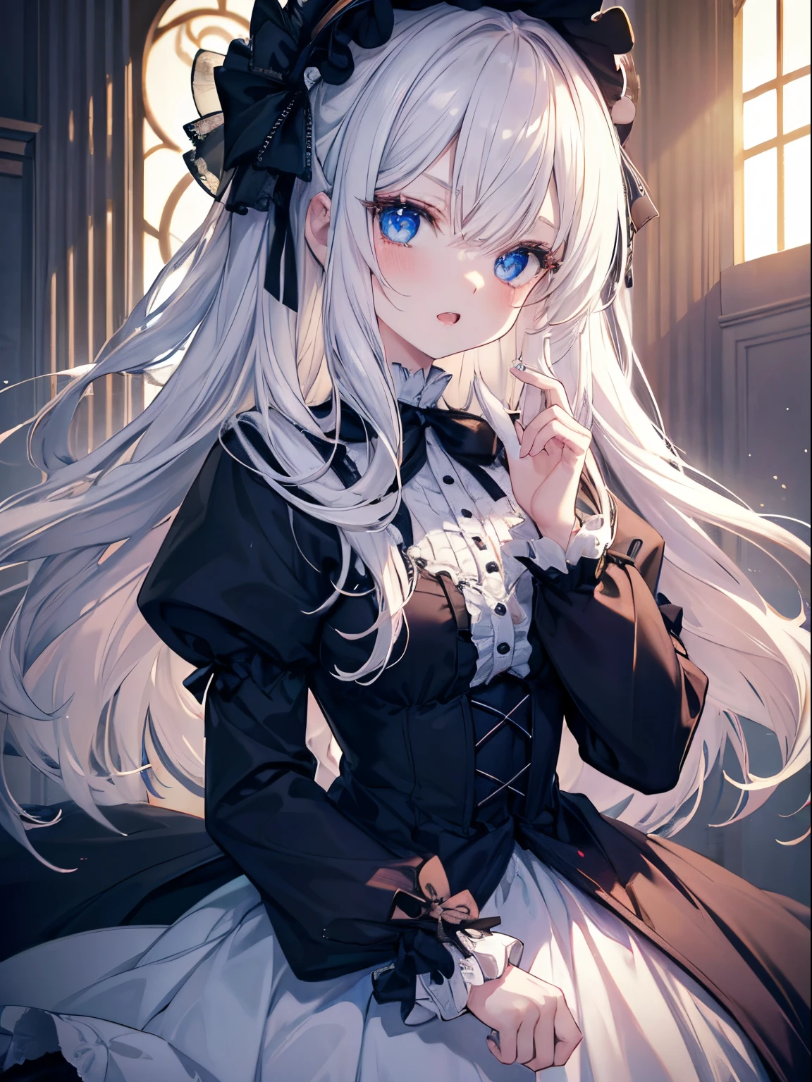 masutepiece, Highest Quality, (Perfect face:1.1), (high detailing:1.1), (ultradetailed eyes), Dramatic, superfine illustration, Extremely detailed, 1girl in, (pale skin), long White Hair, Ethereal eyes, blue eyes,tareme, (light eyebrow),blush,Solo, Smile, Open mouth,Pouty lips,Cinematic lighting, Looking at Viewer,cowboy shot,Gothic lolita, frilld, bow ribbon,Head dress
