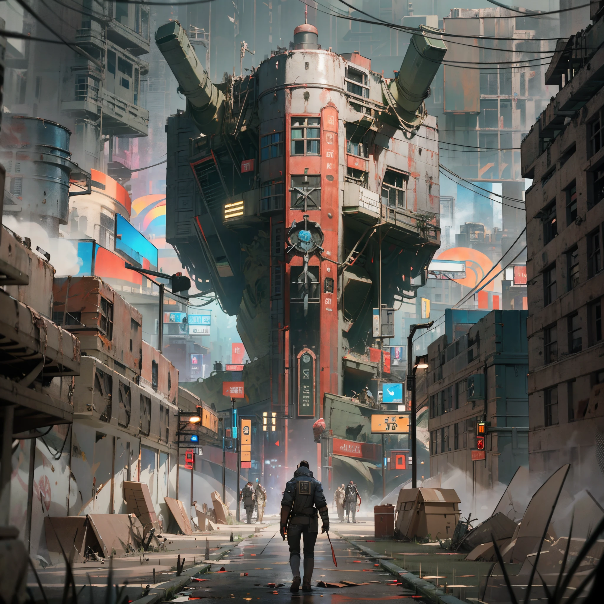 A comic book-style illustration set in a dystopian future where a devastated cityscape represents "All destroyed." The artwork conveys the bleakness of a world in ruin