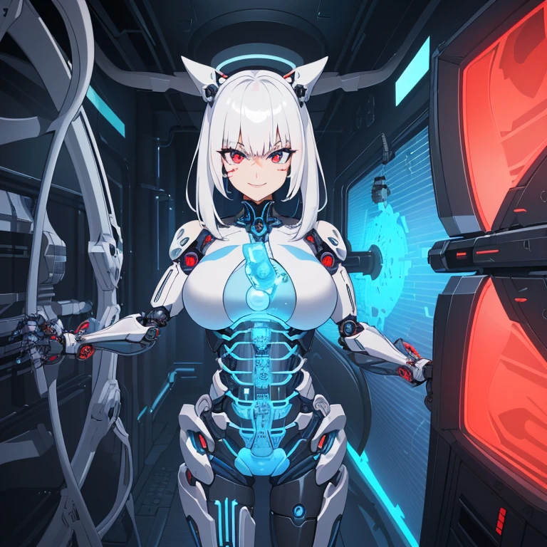 ((1 complete nude cyborg woman, naked breasts, naked pussy)),((with biomechanical arm)),((big breasts, blue biomechanical breasts, blue biomechanical penis, penis between the legs)),((very pubic hair big)),((standing in a futuristic room)),((big tubes in the anus)),((short white hair with two side ponytails, with a very large fringe covering the face)),((a blue eye, a biomechanical red eye, evil smile)),((facing the viewer)),
