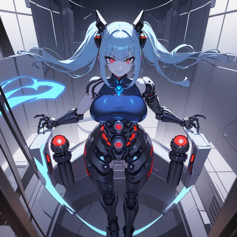 ((1 cyborg )),((different types of breasts, biomechanical breasts,((biomechanical pussy)),((giving a blowjob on a machine)),((nipple fuck)),((urethral insertion)) , standing with raised high, ((different types of short hair, red eyes)), a factory, at night,