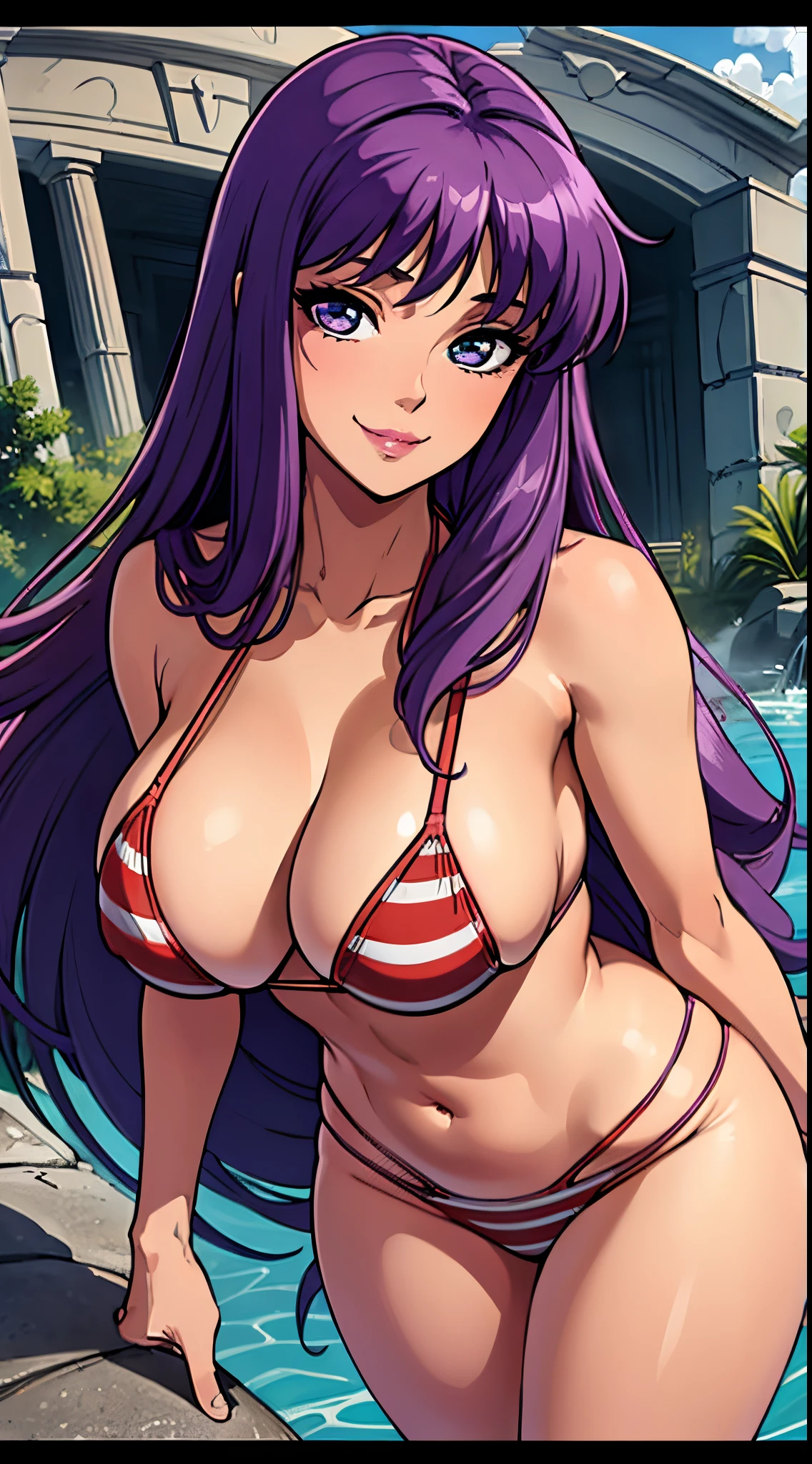 (best quality:1.3), Saori Kido, busty, smile, sexy, Curvy body, (ruins), ((sexy bikini)), (pov american plan)