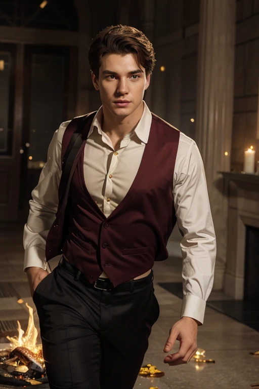 Photorealistic 22 year old man holding a white lily on fire. He is wearing a modern burgundy vest with gold details and a black see-through long-sleeved blouse underneath that is torn.. The background of the photo is an institute with several people running as if they were escaping from there. In the photo it only appears from the mouth down as if it were the cover of a book.