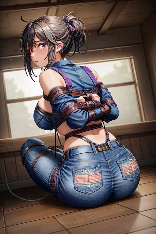 Meisterwerk, best quality, Hogtie, Beautiful girl, Girl Tied Up, blue jeans, Big butt, Ballknebel, Girl blushes, Girl lies on her stomach, viele Seile, Girl completely immobile, Girl helpless, Arms tied behind the back, Blick in die Kamera