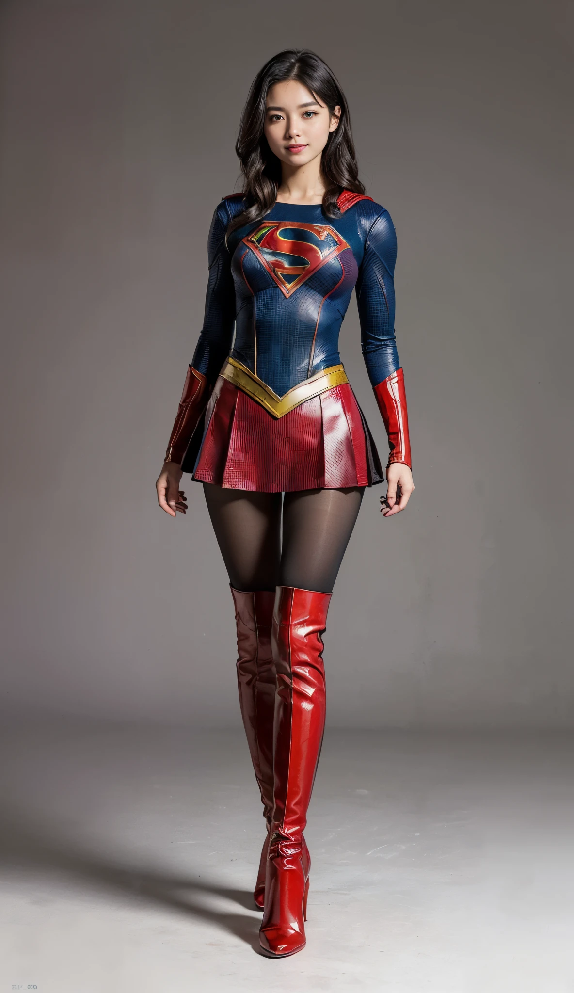 Suffering、mouth is always open sloppily、Drool is always dripping from my mouth、Asian Beautiful Girl、(((Wear black tights on your beautiful legs.)))、(((beauty legs)))、(((facial expression of smile)))、((((Make the most of the original image)))、(((Supergirl Costume)))、(((a short bob、beautiful hairl)))、(((Suffering)))、(((Feet must necessarily be worn with black tights)))、(((You need to wear red boots)))、((Top image quality、8K))、((top-quality、8K、masterpiece:1.3))、(((Keep your background simple)))、Crisp focus:1.2、Beautiful woman with perfect body shape:1.4、Slender Abs:1.2、a wet body:1.5、Highly detailed facial and skin texture、8K、beauty legs