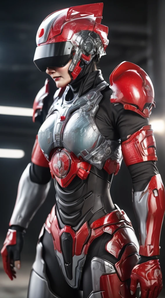 Middle-aged woman Bright red battlesuit sexy eye The is visible Fulll body Shot cute face full of sweat ((Eyes can be seen from behind the lens)) posterior view Steam from the mouth Facing diagonally