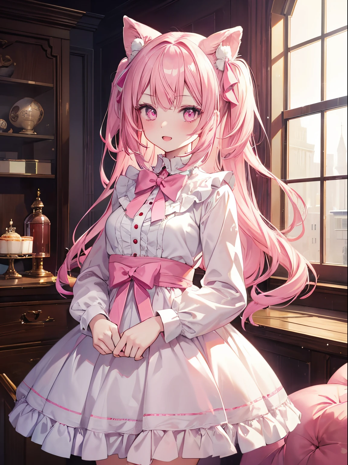 masutepiece, Highest Quality, (Perfect face:1.1), (high detailing:1.1), (ultradetailed eyes), Dramatic,  superfine illustration, Extremely detailed,1girl in, (pale skin),Smile, Open mouth,gloweyes,pinkhair, (Twin-tailed),Ethereal eyes, pink eye,(light eyebrow),blush, Solo,Pouty lips,Cinematic lighting,Cowboy Shot,（theme:Pink 1:1）ta clothes,frilld, bow ribbon, Pink, Long sleeve,room