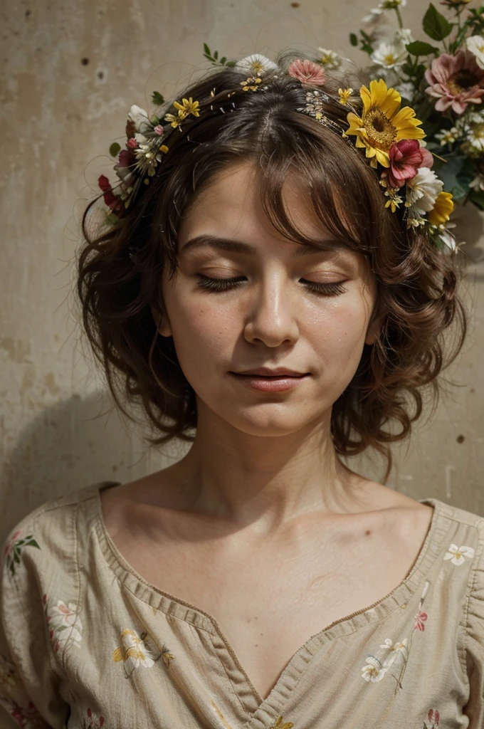 ((3/4 view)) closed eyes , dreaming , little smiling , Italian mom, with flowers on her head , in the style of classical paintings , organic and naturalistic compositions, floral explosions, ,soft light red and yellow , wall with floral pattern , indoor scene , serene faces