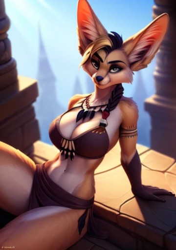 uploaded on e621, by Pixelsketcher, by Bayard Wu, by Thomas Benjamin Kennington , by Einshelm, solo anthro, ((portrait)), BREAK, ((wear tribal outfit)), ((wear huntress clothing)), (red tribe face paint), very sweaty, (detailed Bonifasko lighting), (detailed fur), (detailed skin), BREAK, ((facing viewer with legs spread)), (cinematic lighting), ((detailed background)), ((high-angle view)), (((three-quarter view))), (half body shadow), [backlighting], [crepuscular ray], [detailed ambient light], [gray natural lighting], [ambient light on the belly], (higher wildlife feral detail), [explict content], [sharp focus], (questionable content), (shaded), ((masterpiece), medium hips, medium breasts, breasts, furry fennec, fennec face, Furry Fantasy Art, Anthro Art, Commission for High Res, Furry Art, POV furry Art,Sakimichan beautiful, best quality, detailed image, bright colors, detailed face, perfect lighting, perfect shadows, perfect eyes, girl focus, majestic hazel eyes, flawless face, gorgeous body, hourglass body, shiny body, center focus, fennec ears, fennec girl, fluffy, fluffy woman, body fur, animal nose, muzzle, two-tone fur, gaze at the viewer, half-closed eyes, 1girl, solo, full body, (masterpiece:1.21), (best quality:1.2), (illustration:1.2), (cinematic lighting:1.3), (detailed fur), balanced coloring, global illumination, ray tracing, good lighting, furry, anthro,big butt, showing breasts, cleavage, attractive body, sexy body, looking at viewer, seductive look, thick thighs, fit body, ((undercut hairstyle)), braided hairstyle, blonde hair, (cleavage overflow)