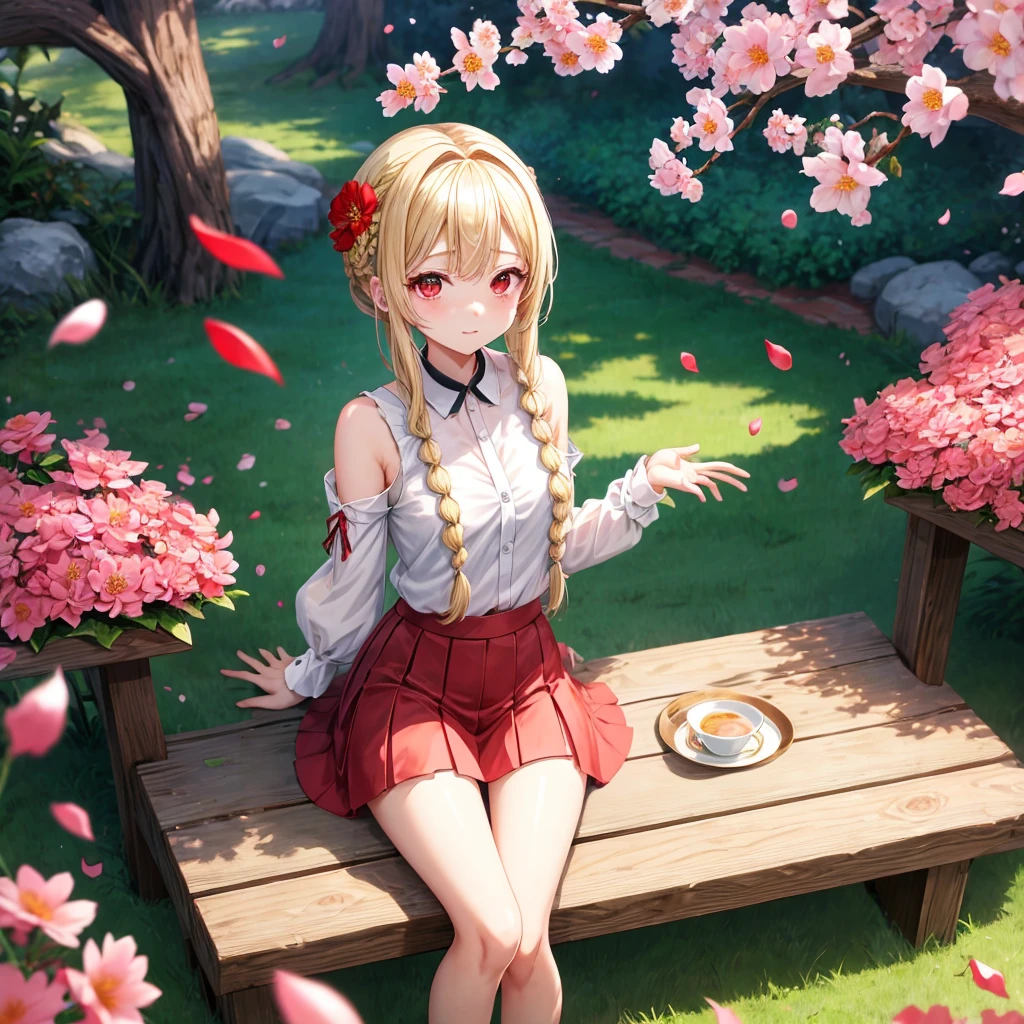 a blond、Braids、red eyes、One pretty girl、独奏、animesque、lightly dressed、a miniskirt、sitting on、flower petals、bare-legged