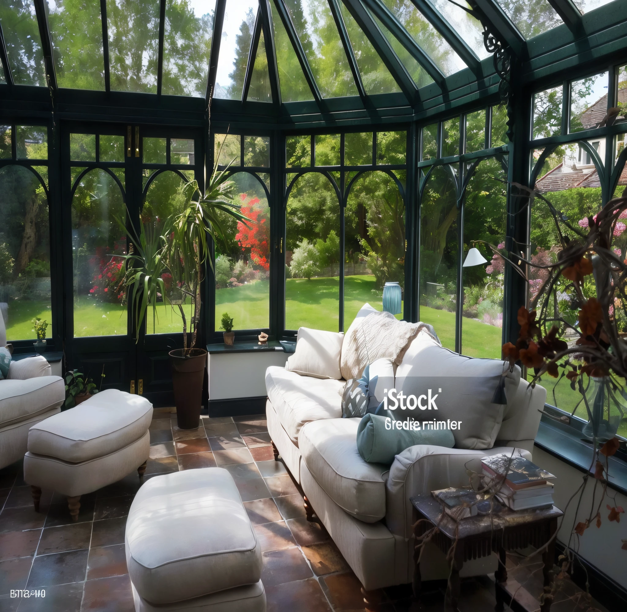 Arafed Room with Sofa, silla, Otomano, y una mesa, istock, Sentado en la sala de estar rural, dentro de un gran, Grandes ventanas abiertas, Alamy Foto de archivo, Sala de cristal, Entorno exuberante, Ambiente relajante, Toma en interior, Sofa with bay window, Peaceful environment, Ambiente acogedor, sitting in a lounge, lounge, Aesthetic shot, Garden environment