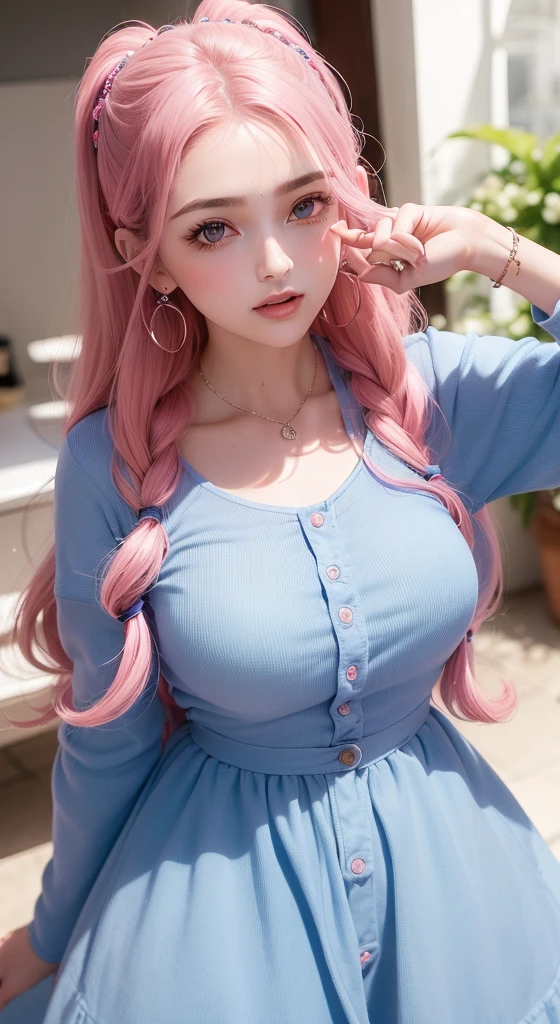 Woman((18 anos)), Hair((Longas, ondulado, loira meio rosa)), olho((Olhos inteligentes, azul)), mother's clothes((cetim, mini vestido, Rosa, Rosa)), shopping, clipe de cabelo diamante, gloss, mama gigantesca, sorridente, boca aberta, Peitos grandes,