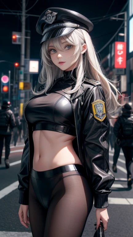 photo of 25 yo, russian Woman cyberpunk bomber jacket, latex bra, pale skin, intense deep blue glowing eyes, thin face, blond platinum hair, medium breasts, big pistol in hand, High skin detail, high face detail, beautiful face, muscled abs, skinny, cyberpunk city at night, neon lighting, vibrant colors, vibrant details, award winning full body photo, (high detailed skin:1.2), 8k uhd, dslr, soft lighting, high quality, film grain, Fujifilm XT3