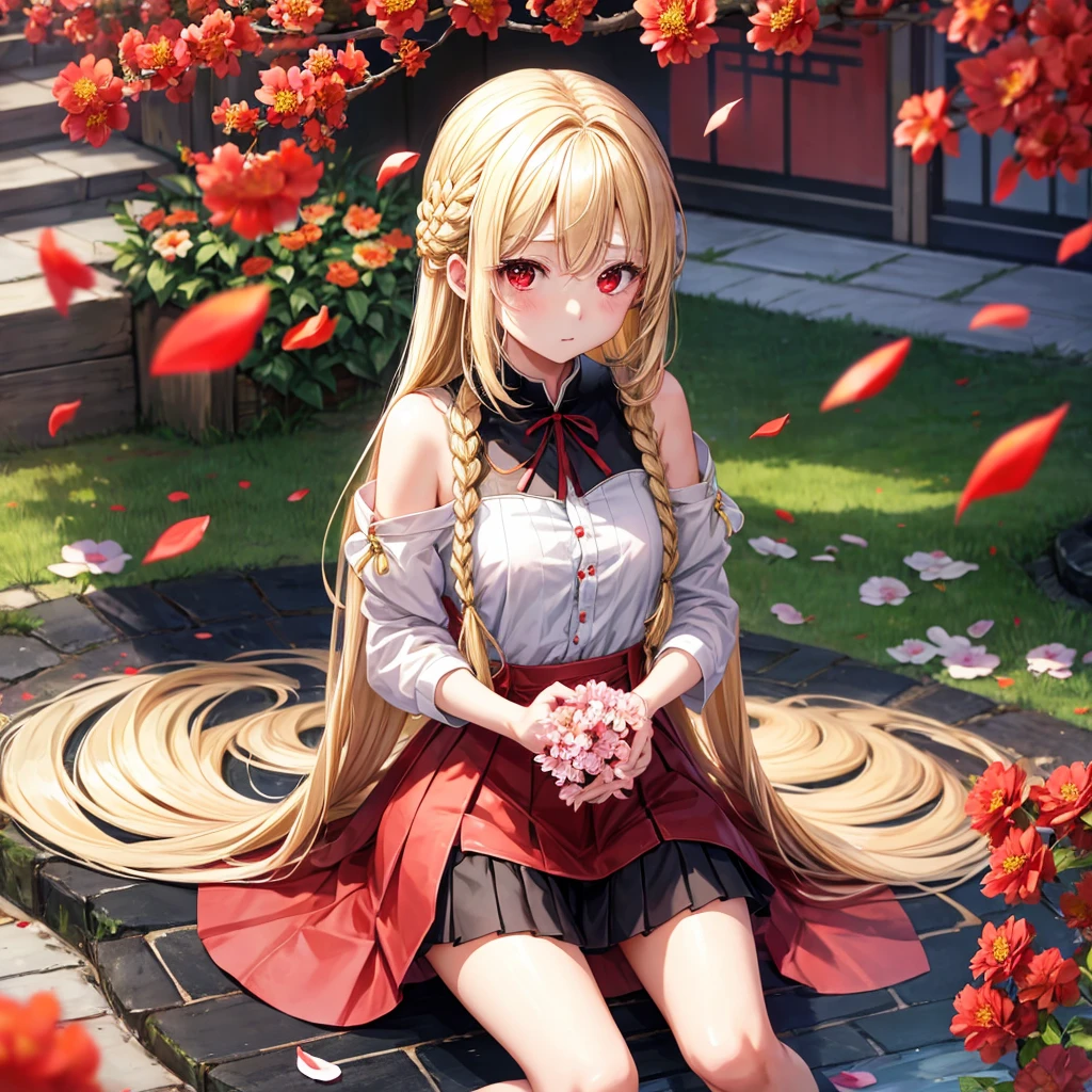 a blond、Braids、red eyes、One pretty girl、独奏、animesque、lightly dressed、a miniskirt、sitting on、flower petals、bare-legged