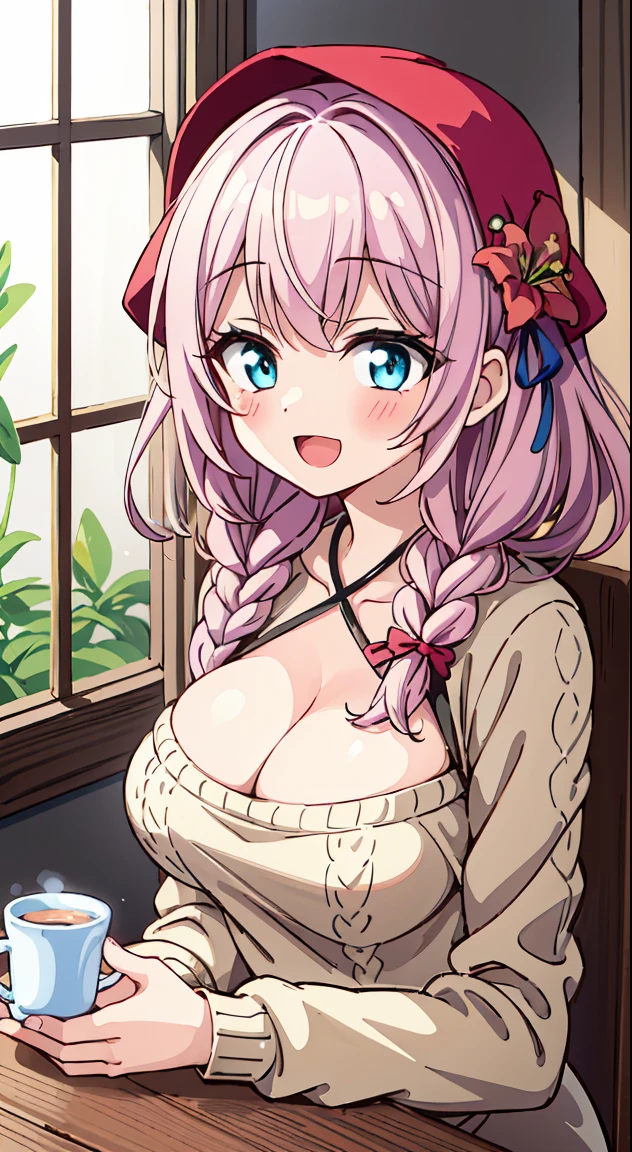 Japan Anime Styles 2019,Masterpieces,Best Quality,Ultimate detailed illustration,Red tone illustration, BREAK, ( girl), Beauty 1 person,Solo,(Cute:1.5),(Chibi:0.6),(kawaii:1.5),(Lori:0.5),BREAK,(17 years olddetailed,colourfull,highest details,Clear skin,Beautiful skin,Shy,Very detailed,colourfull,highest details,BREAK,Clear skin,Beautiful skin,Shy skin,1 beautiful girl,{Heterochromia,pale blue eyes,pale green eyes,PUPILS SPARKLING:1.5},star eye silhouette,BREAK,(Pink hair, Medium length:1.4),(Twin braids,A little curly hair,Single-sided twisted blade,Princess Cut, wisteria hair, half updo, crossed bangs:1.3),(cleavage of the breast,Big breasts,Beautiful breasts,Large breasts:1.5),(long eyelashes, Double eyelids:1.2),Solo,gleaming skin, Clear skin, Beautiful skin,(best quality face),(Top quality glowing eyes), (The best smile,:D:1.45),
break is break is (Transparency Theme:1.4), (Vivid colors:1.3) ((knitted sweater:1.2)), shirt pull spot lighting, BREAK,
BREAK
(Red flower ornament:1.2),
BREAK, ((Wonderland)),inside in room, Above, Bedrooms,Gothic decoration,((cup,flower, hoods,Indoors, Lily \(flower\),plant, potted plant, Standing, The table, vases, white blossoms, window:1.5),(symbolic:1.2),Backlighting,Waterfall,depth of fields, BREAK,(Blurry background:1.3),(absurderes, hight resolution, Super Detail Art),cel shading,Clear Color, Lonely optical effect, Beautiful pictures, Bright glow, mystic atmosphere,(Close-up of girl:1.1), Mystical light particle effect,manga influence, clean line drawings,
