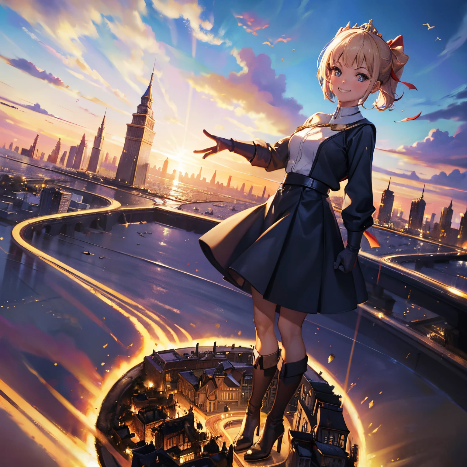 (Microscopic landscape), microscopic city foreground, A gigantic Schoolgirl brat stepping on a miniature kingdom, miniature buildings, shrunk building, brunette, hair ribbon, high-heeled boots, standing, mean, wicked grin, thin, crown tiara, from below, microscopic buildings,