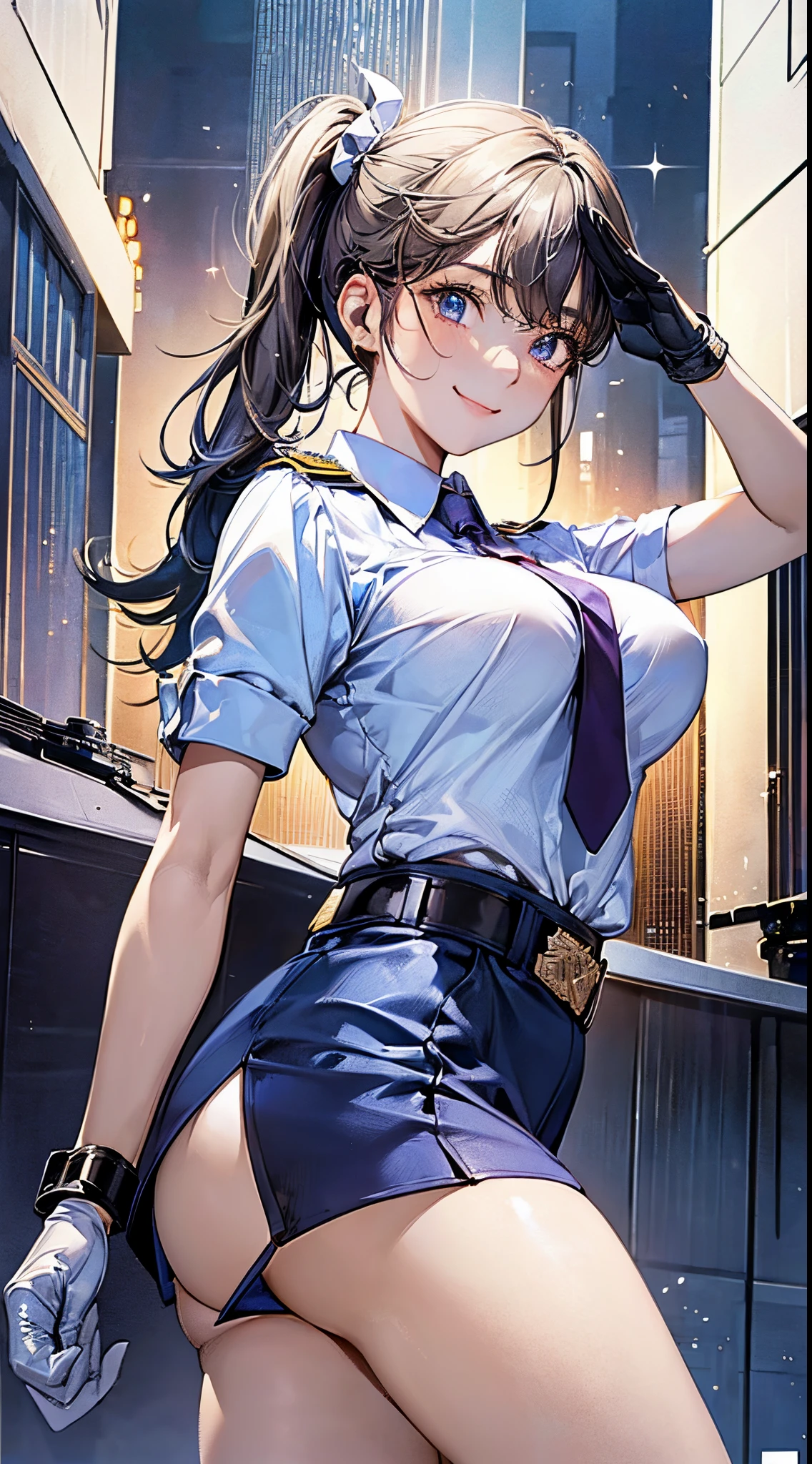 (((perfect anatomy, super detailed skin))), 1 girl, japanese, police girl, shiny skin, large breasts:0.5, looking away, looking up, watching the view,
beautiful hair, beautiful face, beautiful detailed eyes, (long hair:1.5, side ponytail:1.7), blond hair, bangs, hair between eye, red eyes,
beautiful clavicle, beautiful body, beautiful chest, beautiful thighs, beautiful legs, babyface, mole under eye,
((policewoman uniform, light blue short sleeved shirt, navy necktie, high waisted miniskirt), belt, white gloves, police hat, handcuffs), seductive thighs,
(((salute, smile, aiming at viewer, holding pistol, handgun))), ,
(beautiful scenery), wasteland, burning city,
8k, top-quality, masterpiece:1.2, extremely detailed), (realistic, photorealistic:1.2), beautiful illustration, cinematic lighting,