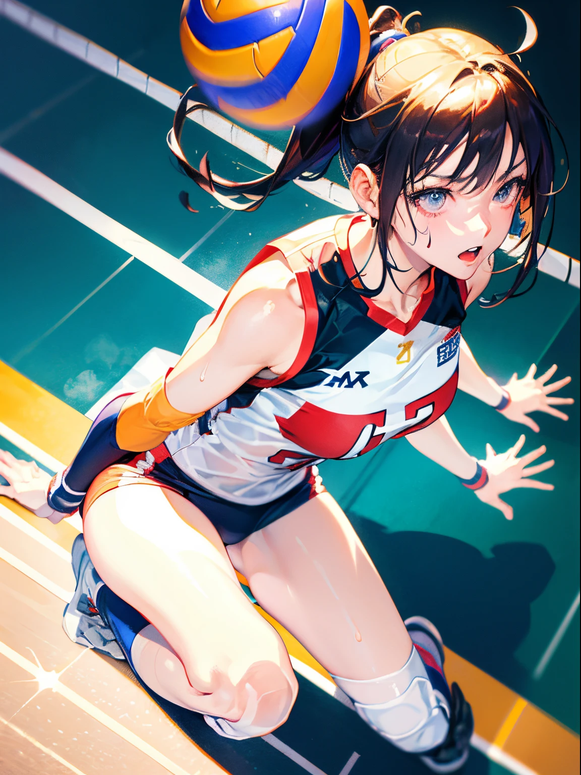 Best Quality, masutepiece, High resolution, (Anime Heroine Illustration), Anime Paint, 1beautiful girl ,Dynamic Angle,Female volleyball players,small head,Large breasts,nice legs, Glowing skin, Sweat,At the volleyball venue ,from above