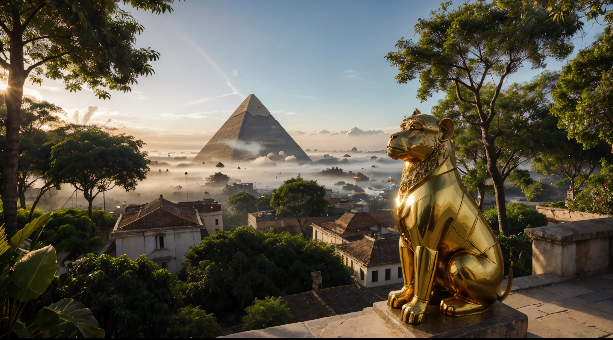 Close your eyes and let your imagination create an ultra-realistic image of the moment the legendary lost city of Eldorado is finally discovered. Imagine yourself in a dense Amazon rainforest shrouded in mist, with giant trees and an atmosphere of mystery and enchantment in the air. No centro dessa paisagem deslumbrante, A magnificent pyramid rises, com o topo coberto por uma camada reluzente de ouro. Observe como os raios de sol rompem pela neblina, creating golden reflections that illuminate the pyramid and reveal its stunning beauty. In the central square, A golden statue of a monkey holding a red amulet attracts all eyes, Emanating an air of wisdom and mystery. ao redor, moedas douradas brilham, Witnessing the wealth and untold treasure that this legendary city has guarded for centuries."