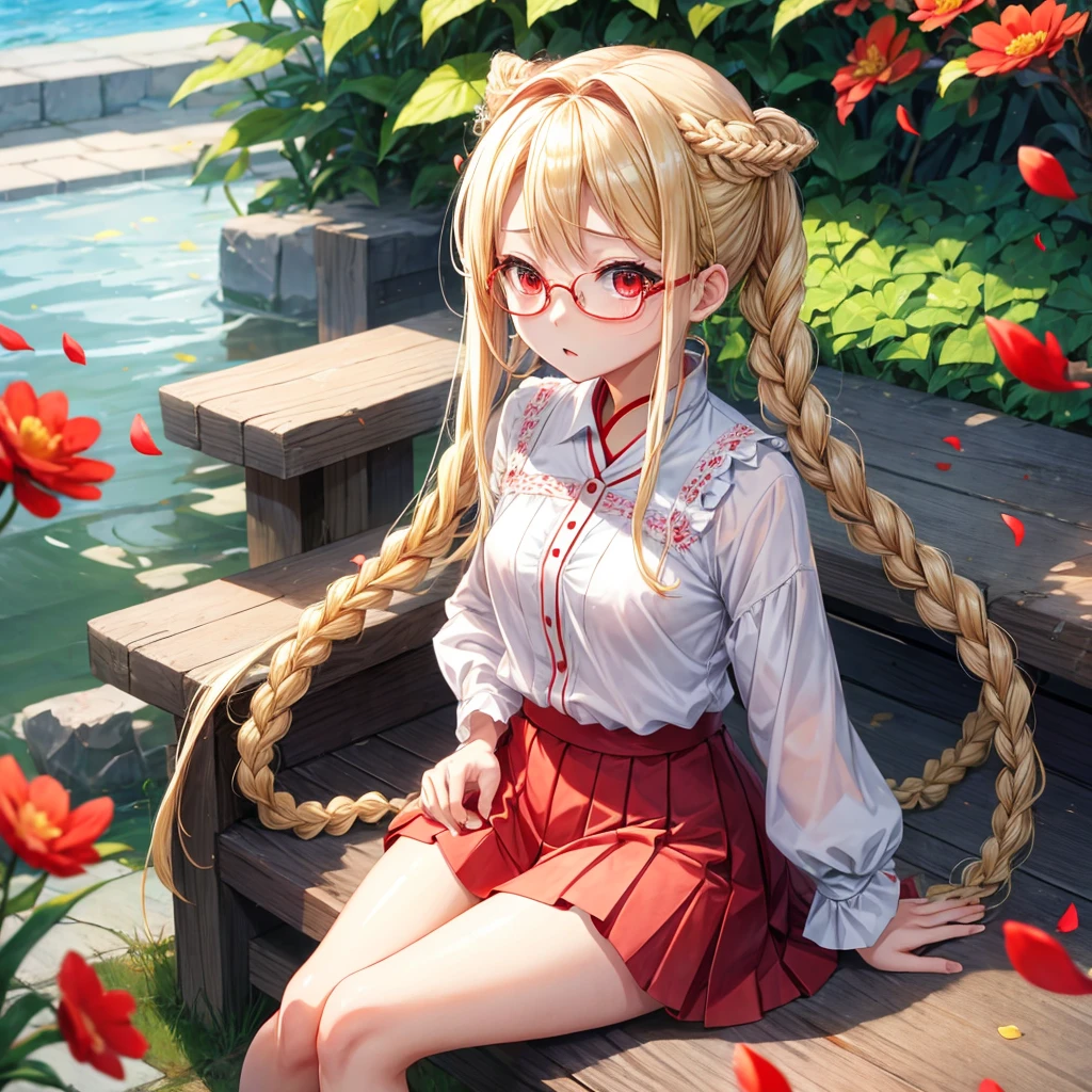 a blond、Braids、red eyes、One pretty girl、独奏、animesque、lightly dressed、a miniskirt、sitting on、flower petals、bare-legged、Glasses