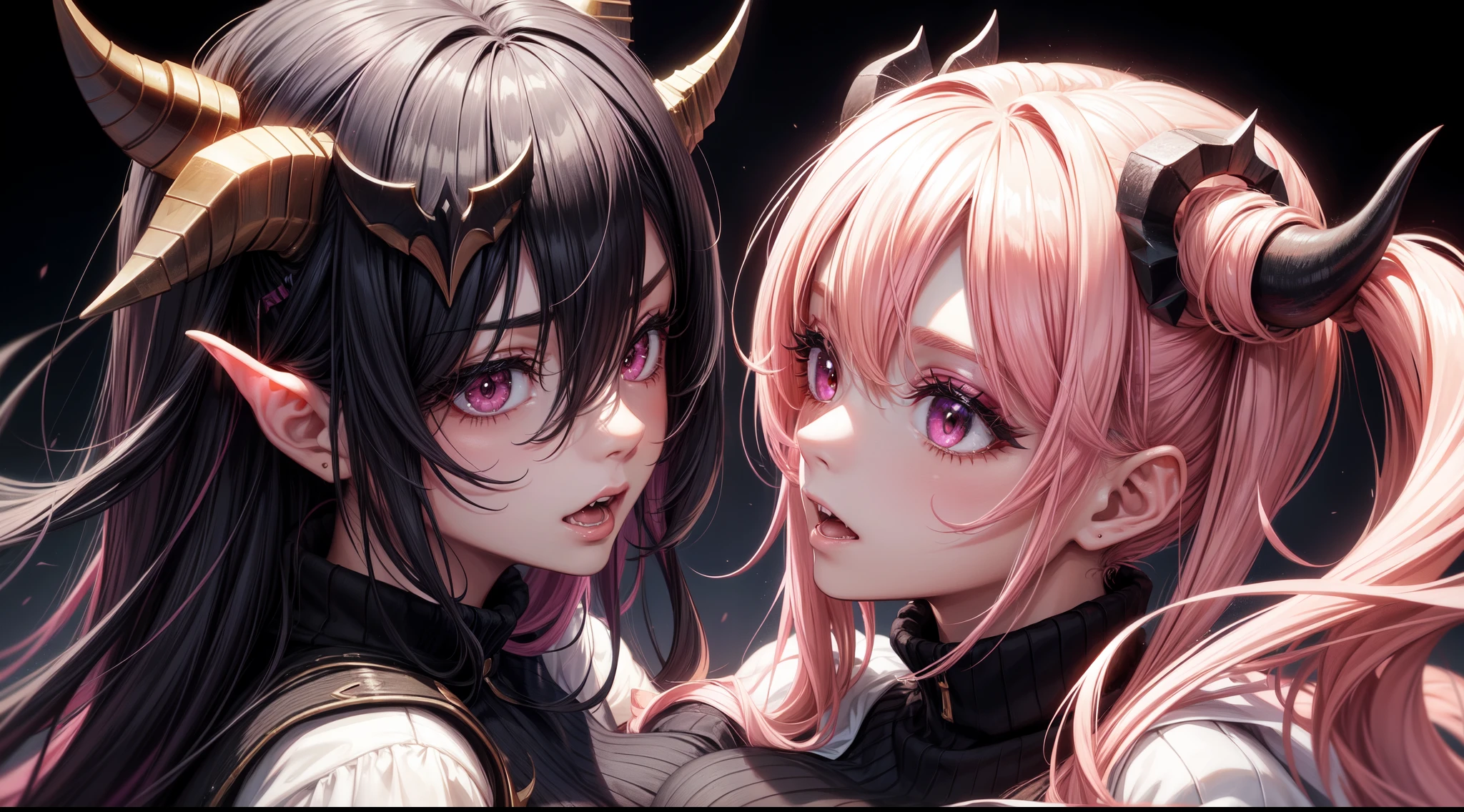 1girl, pink hair, long hair,  hd quality, 4k, 8k,,eyes, face, , evil, dark, face closeup, face, fangs,, face close up. dominant, dark, sideways, sideview, villain, hair clip, black horns, large breasts, twin tails,  huge breasts, cardigan, succubus, plain black background, tribal eyeliner, womanly