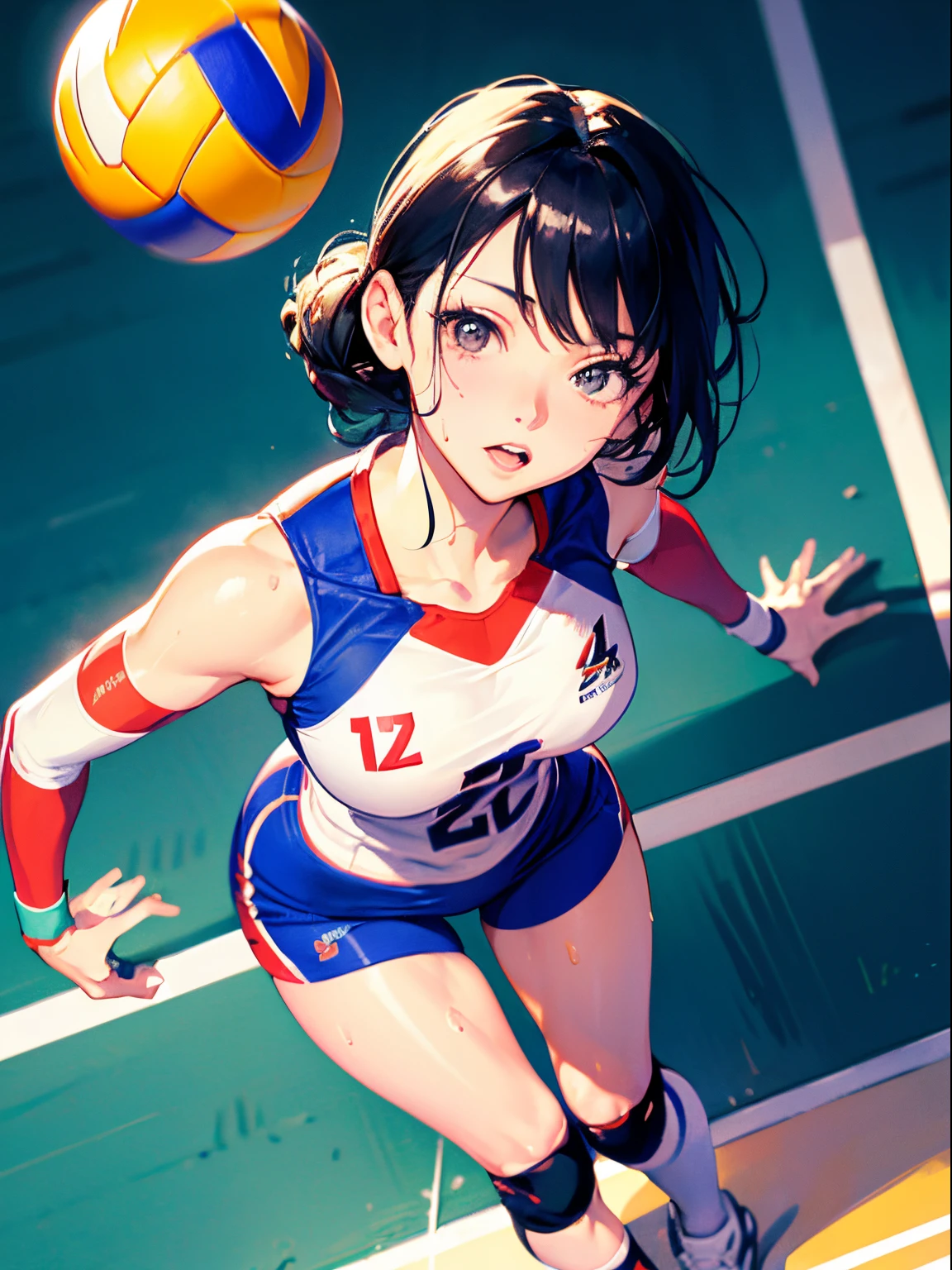 Best Quality, masutepiece, High resolution, (Anime Heroine Illustration), Anime Paint, 1beautiful girl ,Dynamic Angle,Female volleyball players,small head,Large breasts,nice legs, Glowing skin, Sweat,At the volleyball venue ,from above