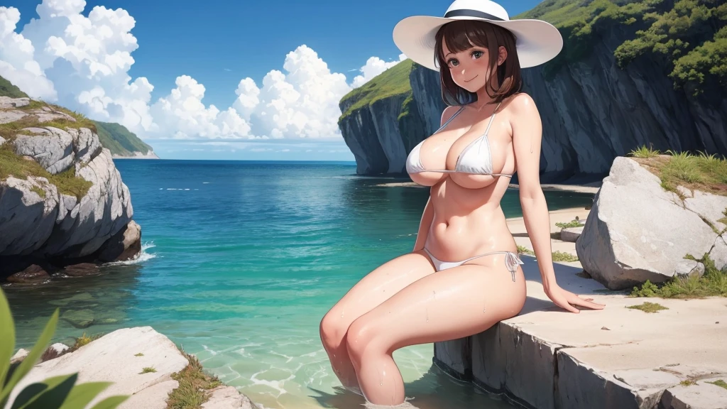 1girl, medium boobs, on sea, in a whitehat, sit in water, stand, white bikini, wet, blue water, brunette long haircut, smile, ((cinematic water))
