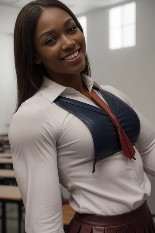 Resident evil, bodybuildung pose, Viewed from below, dtamatic lighting, Ms Olympia giant Naomi cambell, photoshoot studio quality lighting, heavily muscled iffb pro female bodybuilder , humongous muscular chest,((school uniforms:1.4)) ( ((high school)),((white shirt)), ((red tie)), ((dark blue leather skirt:1.3)) ((in the class room:1.3)) ((thin_fabric:1.4)) ((random pose:1.3)) ((sweaty:1.5))((face is flushed:1.4)) ((big muscles:1.4)) ((close-up:1.2)) best quality,masterpiece,ultra high res,(photorealistic:1.4),raw photo,(Authentic skin texture:1.3),(film grain:1.3),panorama,character portrait,very wide shot,narrow waist,cowboy shot,(in the dark, deep shadow, low key, cold light,) night,streaming tears,,dust,Tyndall effect,(expression),beautiful detailed eyes and face,white jabot,brown eyes,((brown hair:1.2)) ((full body:1.3)) ((smile:1.3))