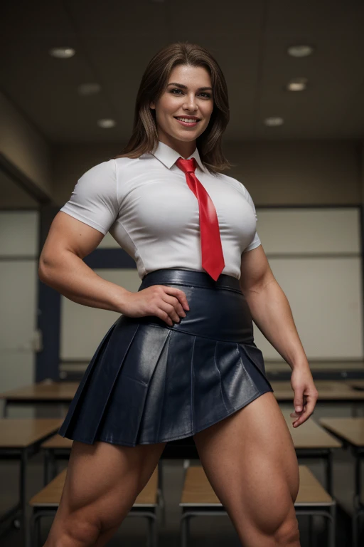 Resident evil, Viewed from below, dtamatic lighting, Ms Olympia giant cindy crawford , photoshoot studio quality lighting, heavily muscled iffb pro female bodybuilder , humongous muscular chest,((school uniforms:1.4)) ( ((high school)),((white shirt)), ((red tie)), ((dark blue leather skirt:1.3)) ((in the class room:1.3)) ((thin_fabric:1.4)) ((random pose:1.3)) ((sweaty:1.5))((face is flushed:1.4)) ((big muscles:1.4)) ((close-up:1.2)) best quality,masterpiece,ultra high res,(photorealistic:1.4),raw photo,(Authentic skin texture:1.3),(film grain:1.3),panorama,character portrait,very wide shot,narrow waist,cowboy shot,(in the dark, deep shadow, low key, cold light,) night,streaming tears,,dust,Tyndall effect,(expression),beautiful detailed eyes and face,white jabot,brown eyes,((brown hair:1.2)) ((full body:1.3)) ((smile:1.3))