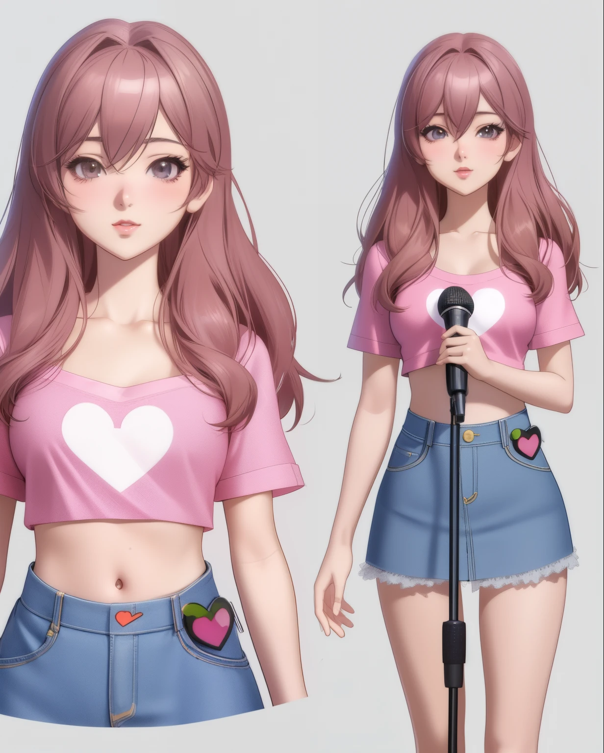 a close up of a person with a microphone and a top, realistic anime 2d style, render of a cute 2d anime girl, trending on cgstation, virtual youtuber model, anime styled 2d, kawaii realistic portrait, smooth anime cg art, 2d anime girl, character sheet, anime girl render, realistic young anime girl, render of character, character 2D anime sheet