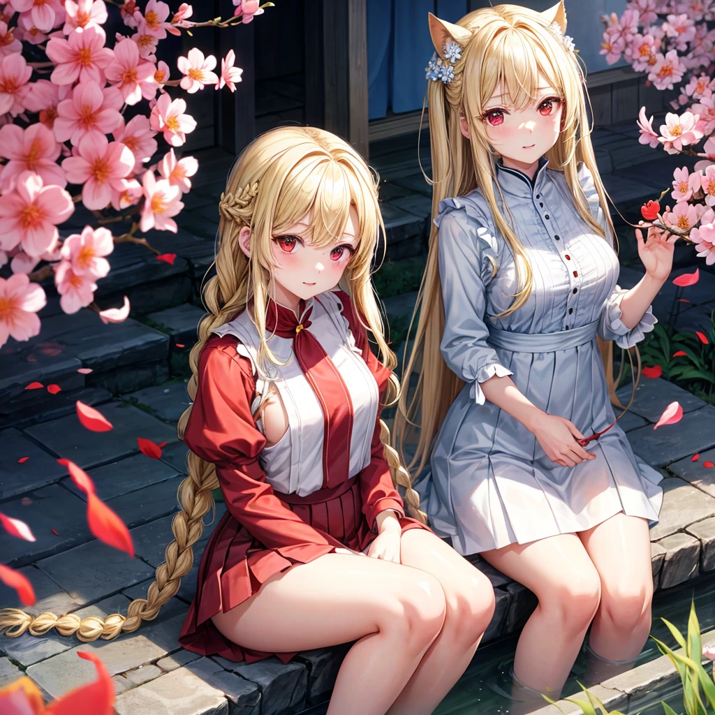 a blond、Braids、red eyes、One pretty girl、独奏、animesque、lightly dressed、a miniskirt、sitting on、flower petals、bare-legged