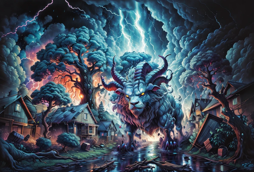 angry ram made of lightning destroying trees, farms, houses and people,electric sparks,devastated landscape,dark stormy clouds,dramatic atmosphere,splintered wood,smoke rising,debris flying,dismayed townspeople,crackling energy,massive thunderbolts,frightened animals running,wild winds,powerful destruction,downpour of rain,scared expressions