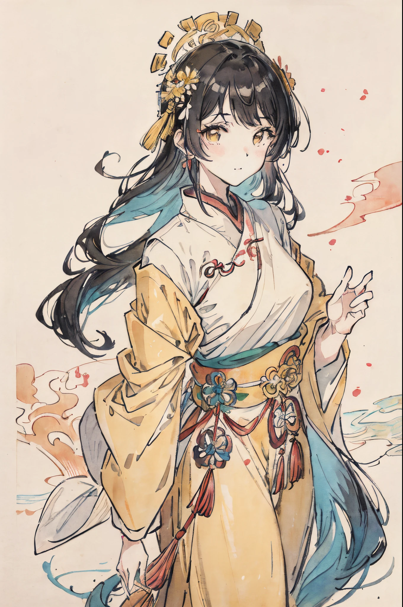-yeld Chse girl, gentle and literary, romantic and poetic expresssion, wearing apricot yellow Hanfu, holding a Sanxingdui mask, watercolor touch, colorful thick outlines, vibrant and bright, clean illustration, white background,tmasterpiece, super detailing, Epic composition, hyper HD, high qulity, extremely detaile, offcial art,8k , 32k