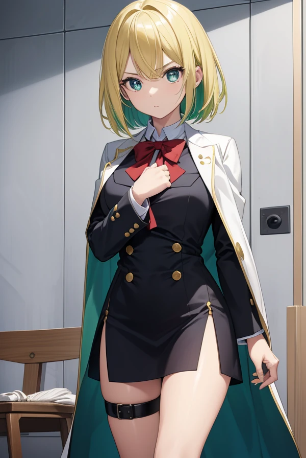 Noelniihashi, Noel Niihashi, cabelos longos, olhos azuis, cabelos pretos, ornamento de cabelo, grampo de cabelo, Mature female, olhos inclinados, Olhos Estreitos,
Saia quebrar, Uniforme escolar, suit jacket, saia plissada, thigh strap, Capelet, green jacket,
quebrar olhando para o espectador,
ARROMBAMENTO dentro de casa, sala de aula,
quebrar (master part:1.2), best quality, high resolution, Unity 8k papel de parede, (illustration:0.8), (belos olhos detalhados:1.6), Rosto extremamente detalhado, perfect lighting, CG extremamente detalhado, (perfect hands, anatomia perfeita),