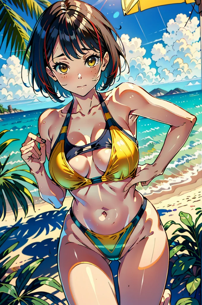 master part, Qualidade Superior, Absurdidade, anatomia perfeita, 1 girl, sozinho, Contos Pascal, short hair, Agachamento com a virilha aberta, sorrir, Praia, Pachinko Swimsuit,Big, [NSFW],areola protrudes,virado para a frente,wearing a yellow swimsuit,Swimsuit with visible navel,exibindo a virilha,Agachado,virilha aberta,sentado;，legs are open，knee bending,cabelo whaite，Redness at the ends of the hair, yellow swimsuit, seios grandes