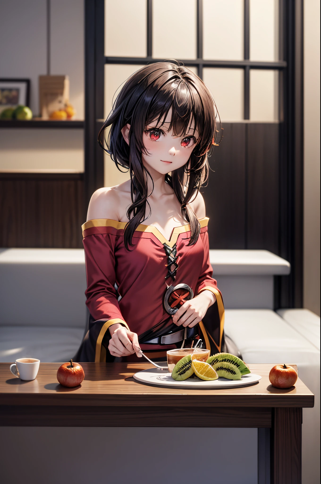 ((Megumin em)), ((best quality)), (ultra-detalhado), (extremamente detalhado CG unificado 8k wallpaper), altamente detalhado, high-definition RAW color photos, fotografia profissional, (Cabelo curto), cabelo castanho, amazing face and eyes, red eyes, ( incrivelmente bonita), fora do ombro, fundo cor-de-rosa, ((Stylish café)), ((Fruta perfeita)), peitos pequenos