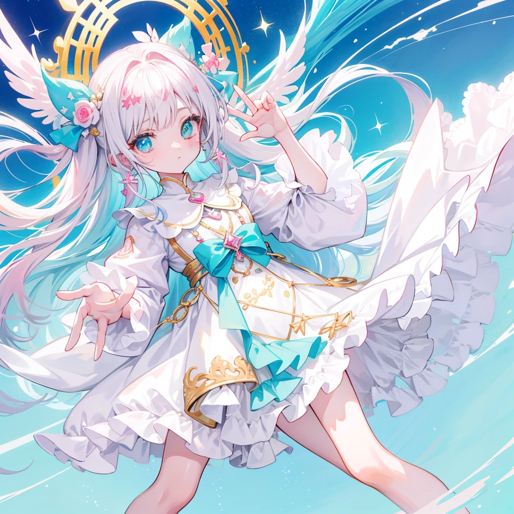 fundo claro colorido，long, whitish hair，Tem uma textura de goma transparente rosada-roxa brilhante，em rosa、Use o seu com azul e branco，amarelo e verde，Pendant decoration of matching cyan accessories，This is a very sweet and sweet loli girl
