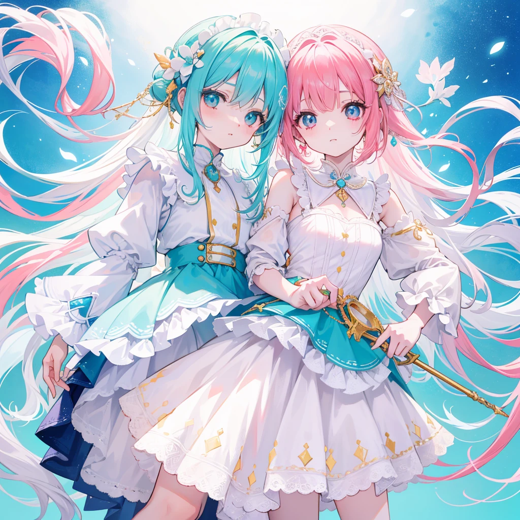 fundo claro colorido，long, whitish hair，Tem uma textura de goma transparente rosada-roxa brilhante，em rosa、Use o seu com azul e branco，amarelo e verde，Pendant decoration of matching cyan accessories，This is a very sweet and sweet loli girl