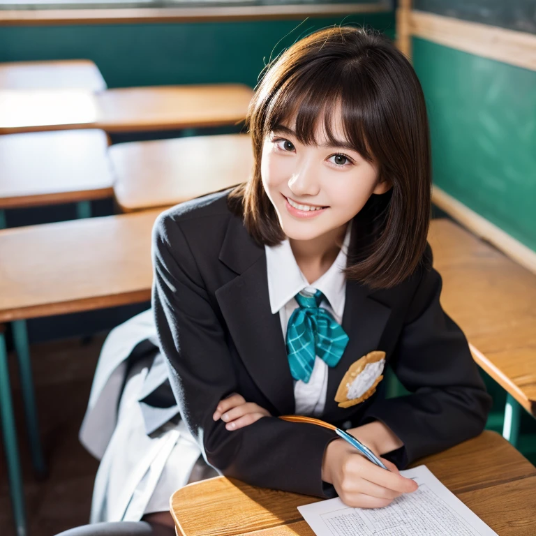 the chest is very small,((8K raw photos,top Quority),(realisticlying:1.37),(top-quality),(Best Shadow),(Most Best Illustration),((adolable,超A high resolution),16 year old girl,(Professional coat in black,White shirt with brown plaid tie,Do not button the coat,a black pleated skirt,Black stockings,without wearing shoes:1.2),High School Classroom, beatiful detailed eyes,Light on the Face,Particularly bright light,(Upper eye,Grinning smile:1.2),shiny skins,(((brunette color hair,Bob Hair:1.2))),(flash lights:1.2),((big breasts enchanting:1.2)),(Sit at a desk in the classroom:1.2)),((Good anatomy:1.2)),((Bright and refreshing classroom,the background is blurred: 1.2)),(high-angle shot:1.2) edge lit, (highdetailskin:1.2), High Ponytail,By bangs,Highly detailed facial and skin texture,Girly,Thin fingers look good,Jade Foot,
