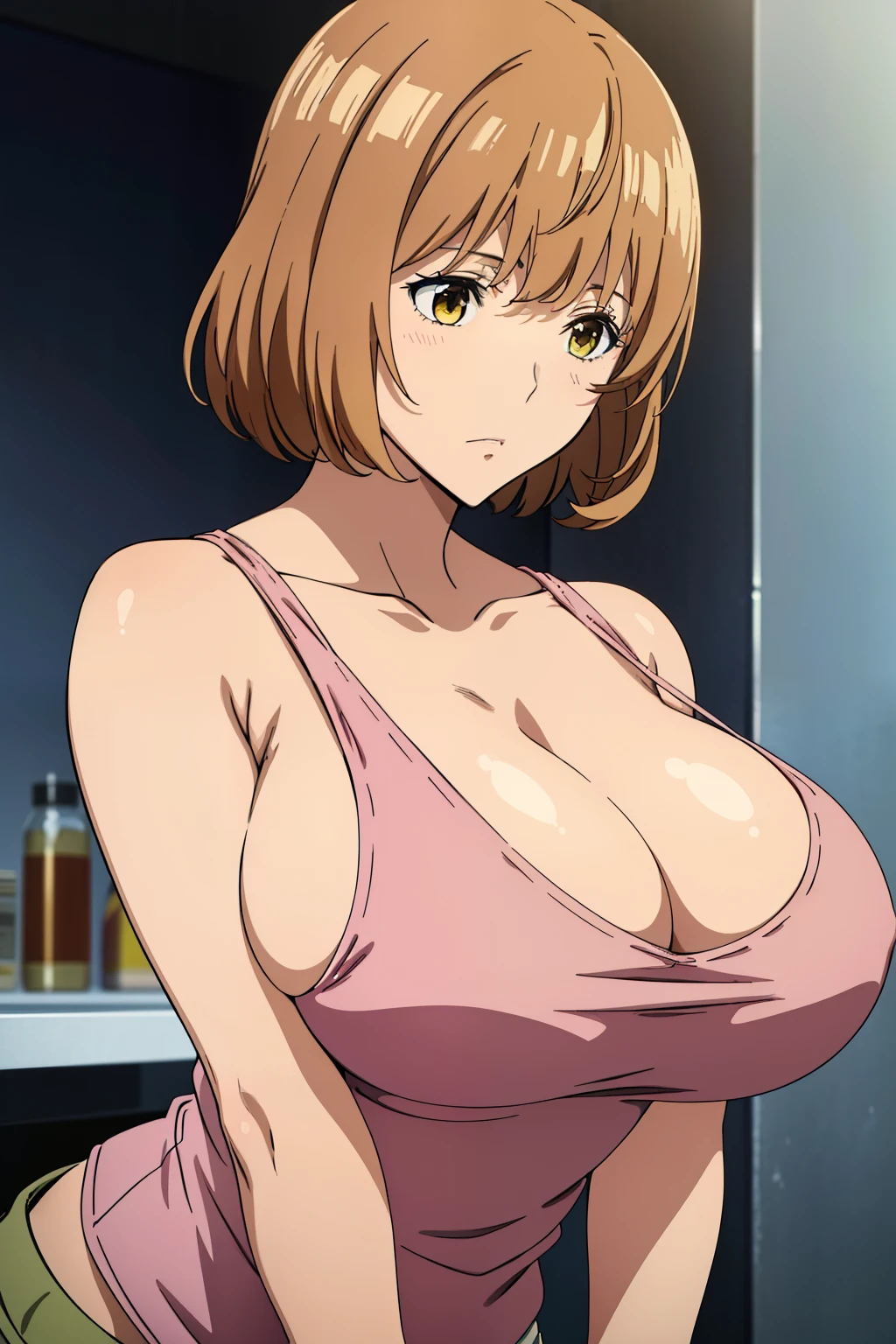 Best Quality, masutepiece, Brown hair, Yellow eyes, Yuriko Aoki, Embarrassed look, (oversize breast:1.5), cleavage of the breast, (white tank-top:1.5, no-bra:1.3, Thin fabric), Slimed, Arms Down:1.3, Breast squeeze:1.5, Upper body, Chest close-up, Bedrooms, (Perfect Anatomy, perfect detailed body, Beautiful detailed eyes and hair, Beautiful breasts and skin),