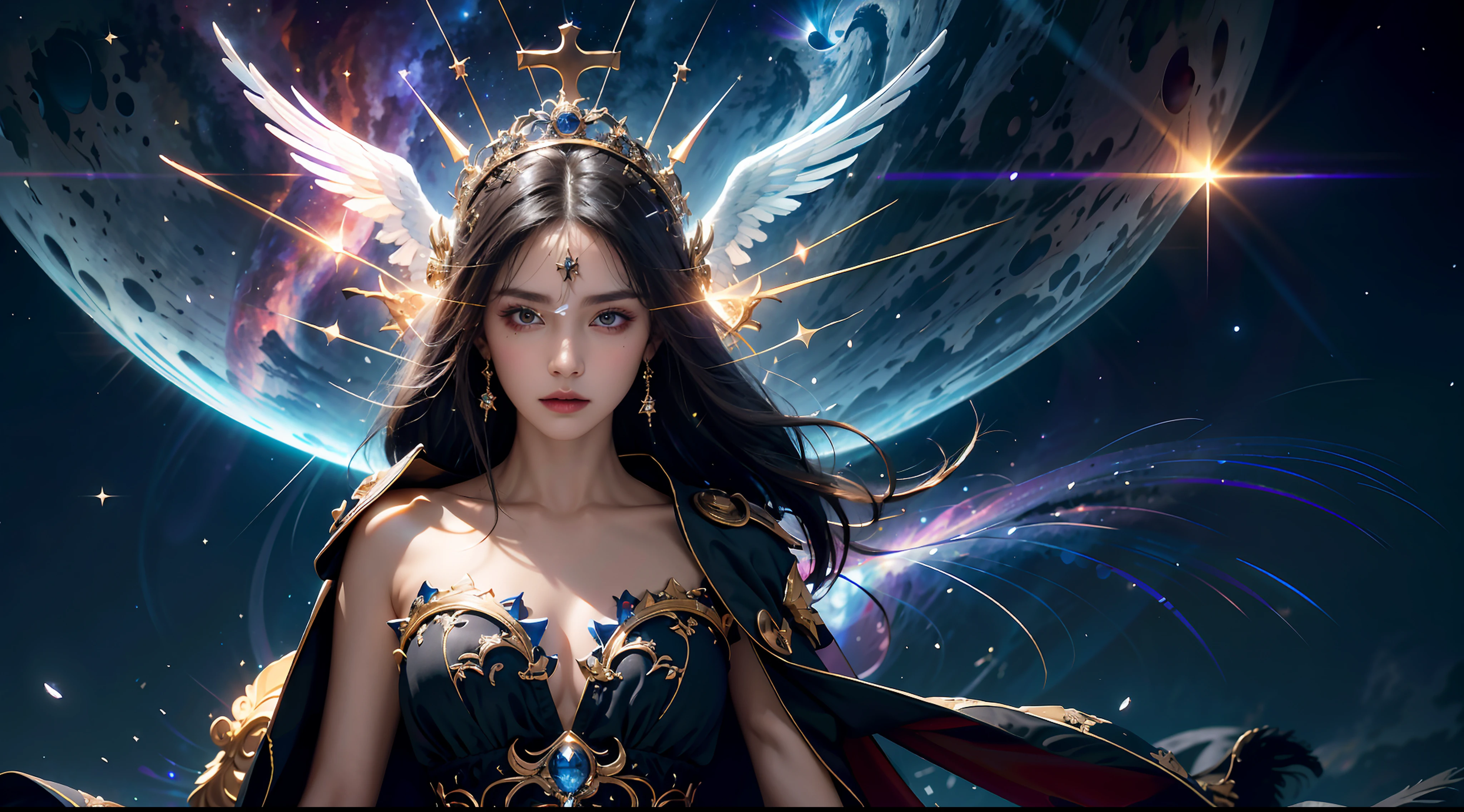 （tmasterpiece）， （best qualtiy：1.4）， absurderes， [：intricately details：0.2]， angelicales，Large breasts，crosses， galactic，starrysky，Huge nebula，solar eclipse， Mysterious symbol，dramatics
