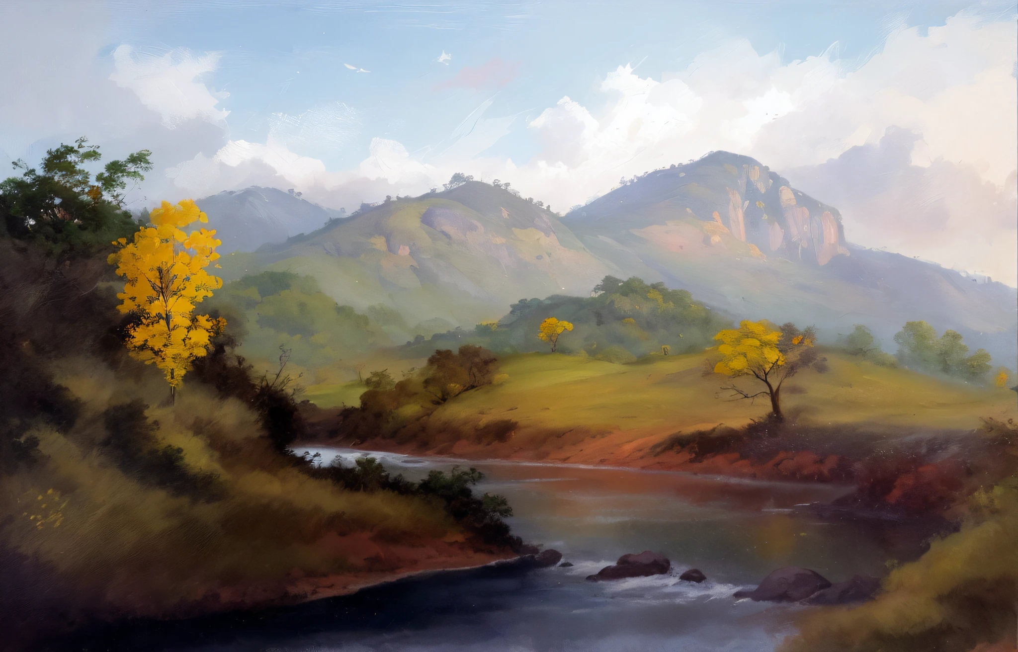 pintura de um rio que atravessa um vale verde exuberante com montanhas ao fundo, colinas fluidas, 8k resolution digital painting, 8k resolution digital painting, Pintura digital 4K, Pintura digital 4k, pintura digital detalhada, baixo detalhamento. pintura digital, Pintura Digital de Alto Detalhe, peaceful landscape, rio, trees and hills, pintura detalhada 4K, pintura digital 4k