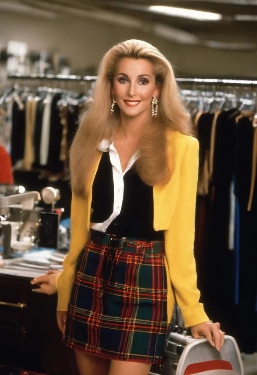 A photo of Cher at a local fashion design studio, helping teenagers create their own unique outfits,Clueless,Cher Horowitz, the protagonist of the film “Clueless,” is a quintessential 1990s fashion icon, played by Alicia Silverstone. She is often depicted in stylish, trend-setting outfits that epitomize the high fashion of Beverly Hills teens in the 90s. Her wardrobe is full of bright colors, plaid patterns, and designer labels, accessorized with headbands, knee-high socks, and platform shoes. Cher’s blonde hair and polished makeup contribute to her look as a fashionable and popular high school student. Her appearance is not just a reflection of her status but also an extension of her confident and outgoing personality.