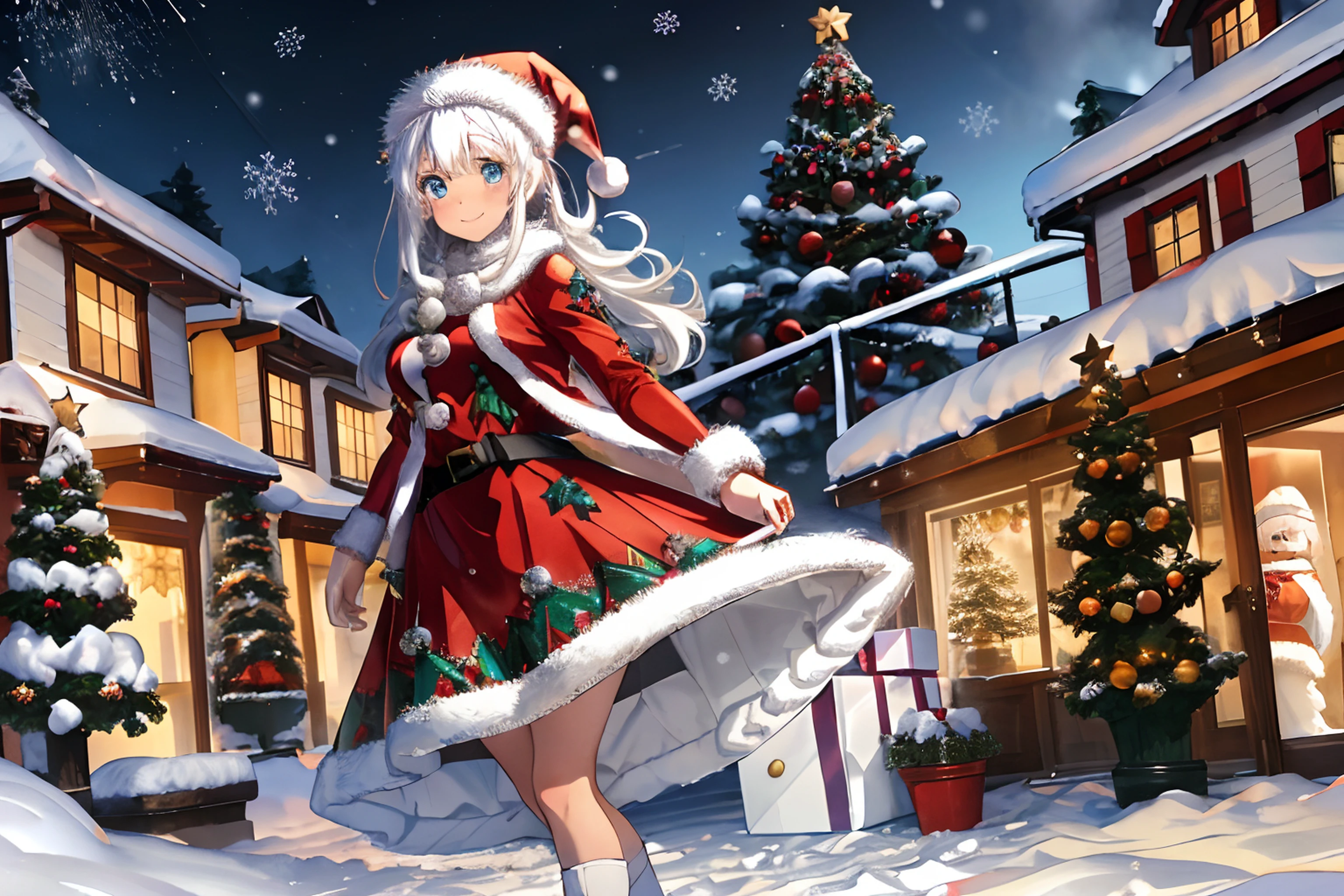 Christmas,Snowy landscape in winter,beautiful ilumination,Santa Claus in a voluminous luxurious dress,white hair,Blue eyes,There are a lot of ornaments and gifts around,Happy smile,