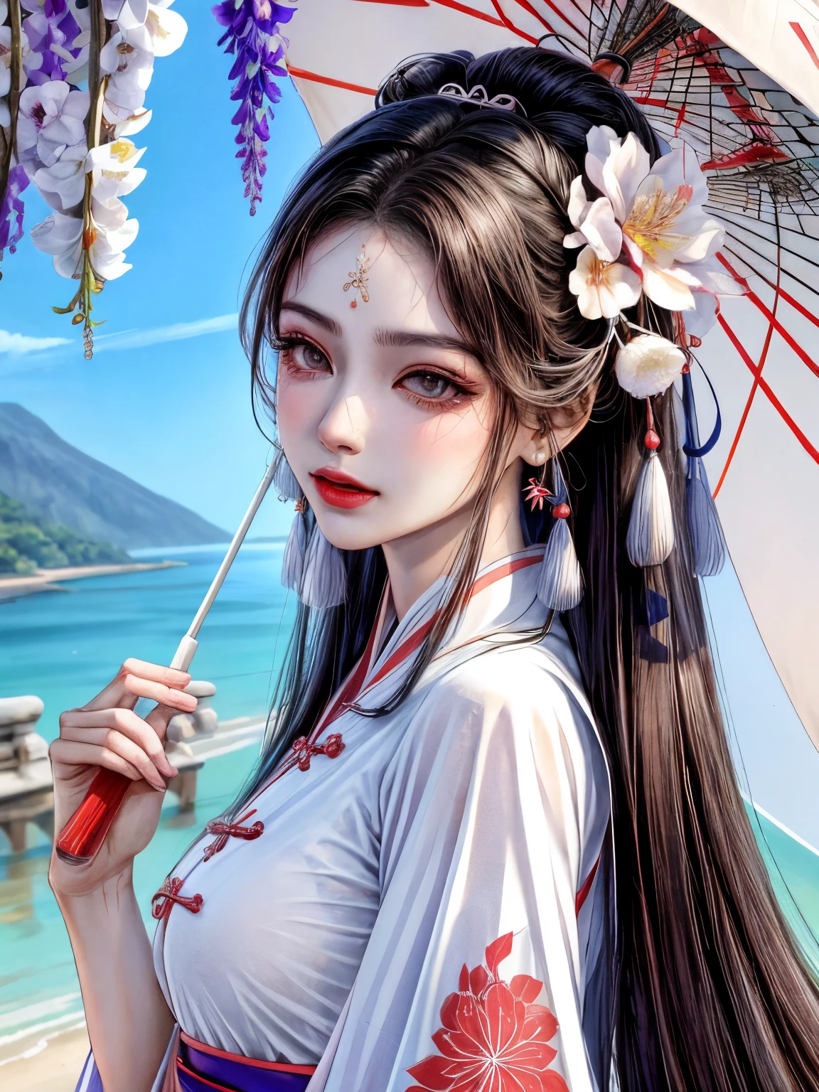 There is a woman in a red dress holding a white umbrella, Traditional Chinese white umbrella, cena de neve selvagem, uma menina em Hanfu, Hanfu, menina chinesa, mulher chinesa, China-style, Hanfu branco, xale vermelho, neve, distant scene a peach blossom tree, full of peach blossoms, a few villages of peach blossoms stretching down from the close-up view, a lot of peach petals floating in the air, neve pesada com penas de ganso, 2 borboletas coloridas voando, roupas tradicionais chinesas, foto de capa retrato de Du Juan, foto retrato, China Princesa, vestindo cheongsam vermelho, inspirado por Tang Yifen, deusa de cabelo preto, menina morena bonita, menina oriental, trabalho mestre, melhor qualidade de imagem, maior qualidade, alto detalhe, super high res, 8K分辨率, profundidade de campo, Cinematografia, Detalhe intrincado, Elaborado, Meticuloso, magnifica, maximum detail, Extrema beleza, (((1girl, solo))), 18age, Cabelo longo, Cabelo preto, Pele branca, Realista, Obra-prima, (melhor qualidade de imagem), maior qualidade, alto detalhe, super high res, panorama, exquisite facial features, rosto perfeito, pele brilhante, fundo sonhador, mulheres, meninas, anjos, mini meninas, deusas, poetas, poetas, bashful, surpresa, cabelo na altura dos ombros, cabelo preto, sharp and clear focus, silhueta tridimensional, right proportions, retrato realista, close-up do rosto, uma menina bonita muito temperamental, figura esbelta, exquisite facial features, cabelo longo fluindo, cabelo preto, Extremely detailed hair description, (鎖骨), rosto perfeito, clean and flawless face, long eyeslashes, sombra rosa claro, covas rasas, blush, olhos grandes lacrimejantes cristalino, creme delicado Pele brilhante como pele, detalhes detalhados da pele, escala CFG: 8,(A beautiful girl with large breasts and a wisteria flower in her hair),(She wears a white bikini and has her lips slightly separated),(seu um
