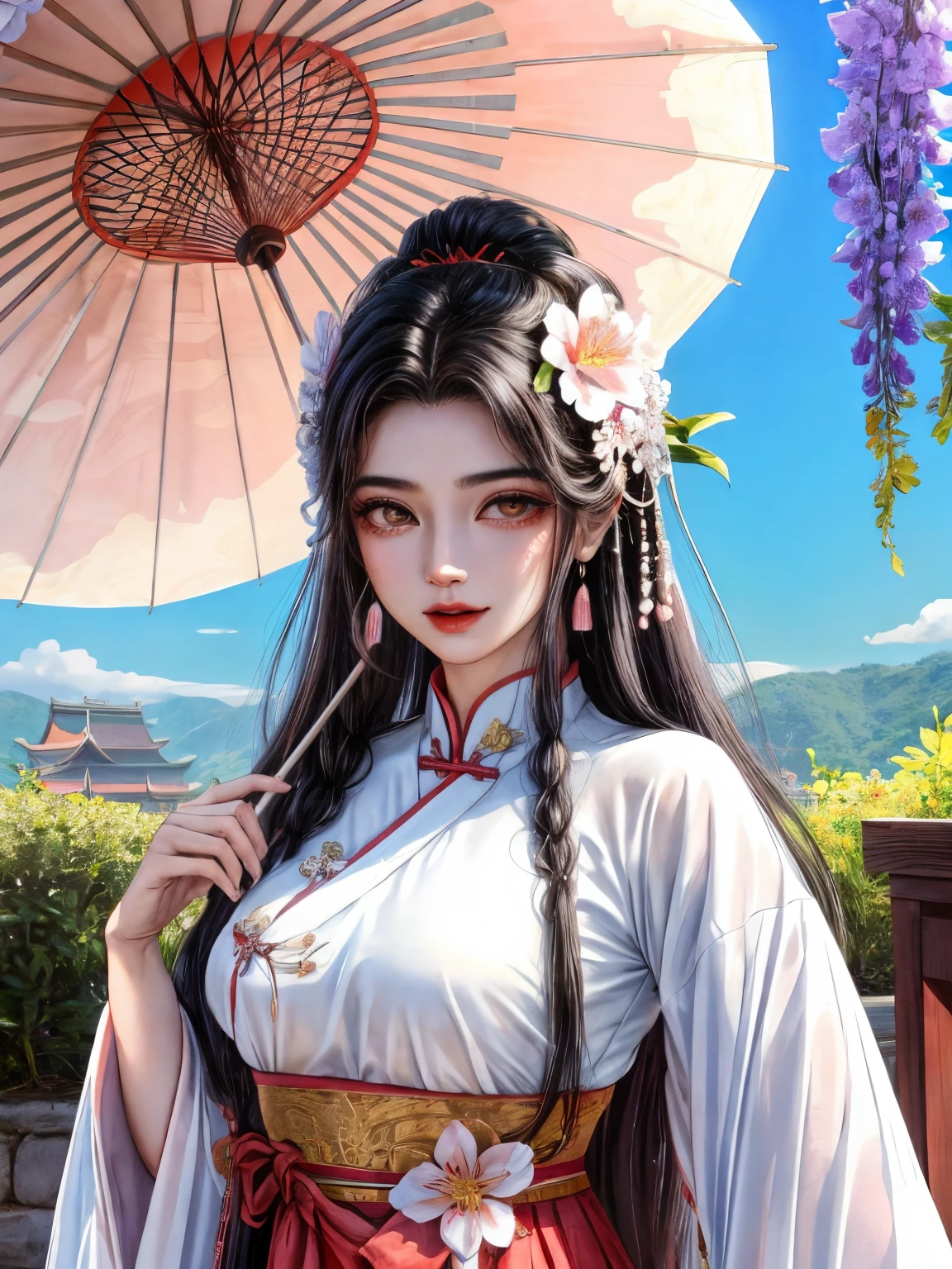 There is a woman in a red dress holding a white umbrella, Traditional Chinese white umbrella, cena de neve selvagem, uma em Hanfu, Hanfu, meninasa, mulher chinesa, China-style, Hanfu branco, xale vermelho, neve, distant scene a peach blossom tree, full of peach blossoms, a few villages of peach blossoms stretching down from the close-up view, a lot of peach petals floating in the air, neve pesada com penas de ganso, 2 borboletas coloridas voando, roupas tradicionais chinesas, foto de capa retrato de Du Juan, foto retrato, China Princesa, vestindo cheongsam vermelho, inspirado por Tang Yifen, deusa de cabelo preto, menina morenta, menina oriental, to mestre, melhor qualidade de imagem, maior qualidade, alto detalhe, super high res, 8K分辨率, profundidade de campo, Cinematografia, Detalhe intrincado, Elaborado, Meticuloso, magnifica, maximum detail, Extrema beleza, (((1girl, solo))), 18age, Cabelo longo, Cabelo preto, Pele branca, Realista, Obra-prima, (melhor qualidade de imagem), maior qualidade, alto detalhe, super high res, panorama, exquisite facial features, rosto perfeito, pele brilhante, fundo sonhador, mulheres, meninas, anjos, mini mendeusas, poetas, poetashful, surpresa, cabelo na altura dos ombros, cabelo preto, sharp and clear focus, silhueta tridimensional, right proportions, retrato realista, close-up do rosto, uma menina bonita muito temperamental, fesbelta, exquisite facial features, cabelo longo fluindo, cabelo preto, Extremely detailed hair description, (鎖骨), rosto perfeito, clean and flawless face, long eyeslashes, sombra rosa claro, covas rasas, blush, olhos grandes lacrimejantes cristalino, creme delicado Pele brilhante como pele, detalhes detalhados da pele, escala CFG: 8,(A beautiful girl with large breasts and a wisteria flower in her hair),(She wears a white bikini and has her lips slightly separated),(seu um