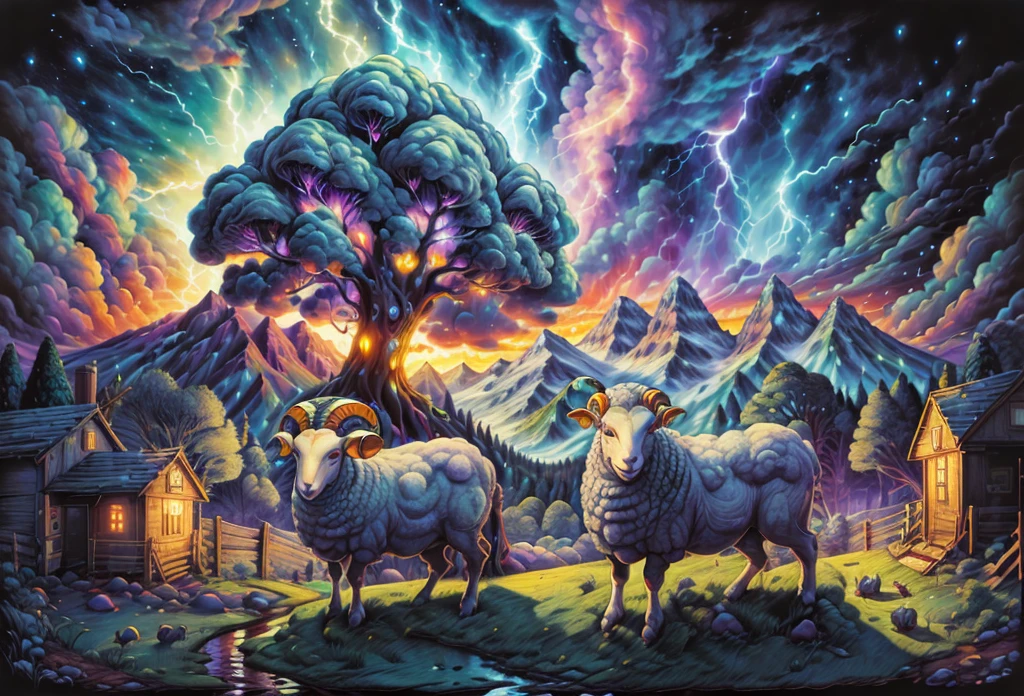 (magical sheep made of thunder, magical ram made of lightning),far from the village with people and king,illustration,ultra-detailed,highres,realistic,landscape,colorful,ethereal lighting,stormy skies,rolling hills,majestic mountains,green grass,sheep grazing,content villagers,farmland,mystical atmosphere,royal palace in the distance,magical energies,electric sparks flocking around the sheep and ram,peaceful harmony between nature and magic