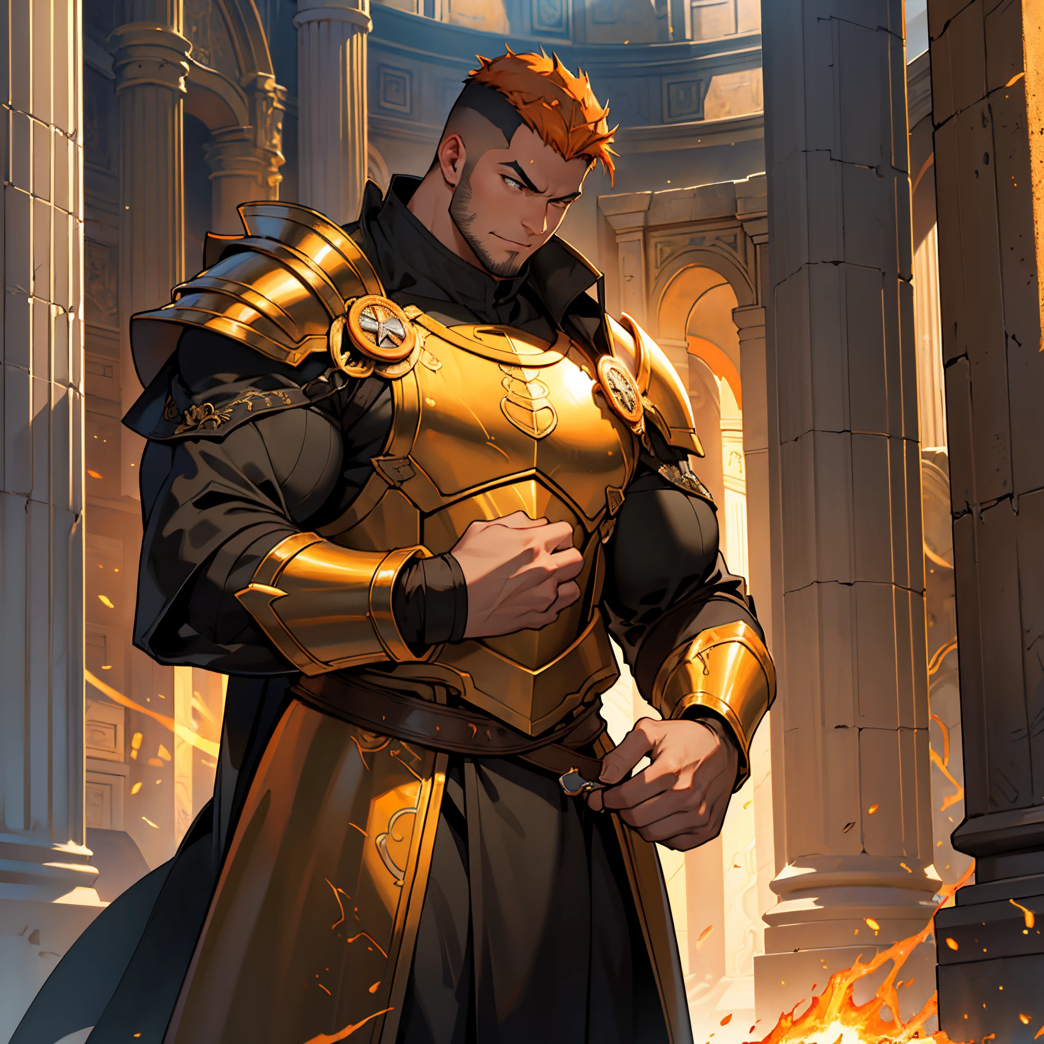 muscular man, Inventor, scientist, fantasy world, Golden hair, Golden eyes, 40 years, bristle, beard, black latex, short haircut, tight clothes,