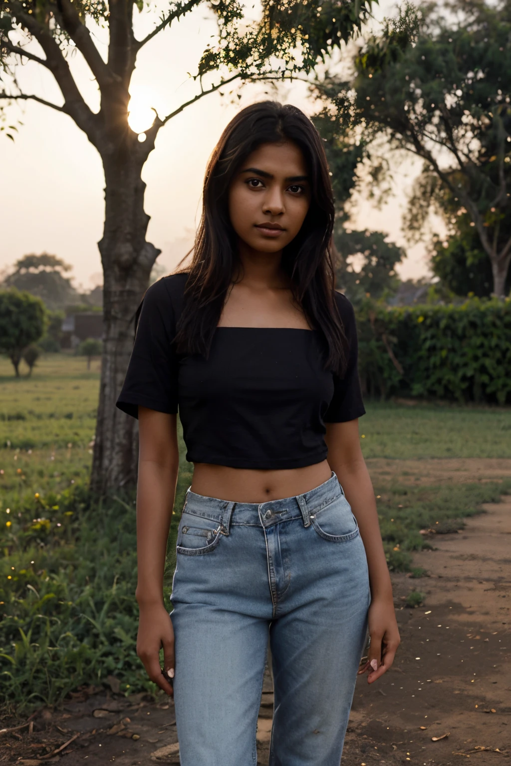 indian girl, age 23, dusky skin, realistic, jean and top, standing under a tree, evening sun set, little foggy atmosphere,
